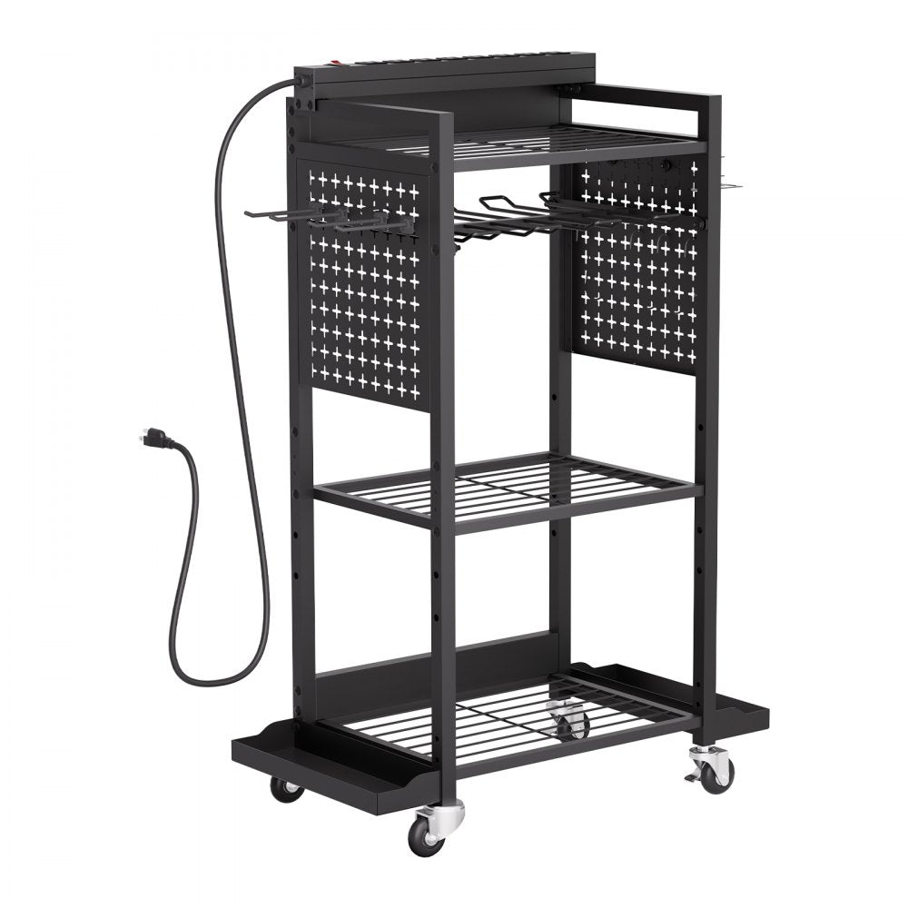 VEVOR 4-tier Tool Organizer Cart with Charging Station, 8 AC Outlet, Floor Stand Rolling Drill Holder and Tool Battery Storage Rack on Wheels, Garage Floor Rolling Storage Cart for Workshop, Garage