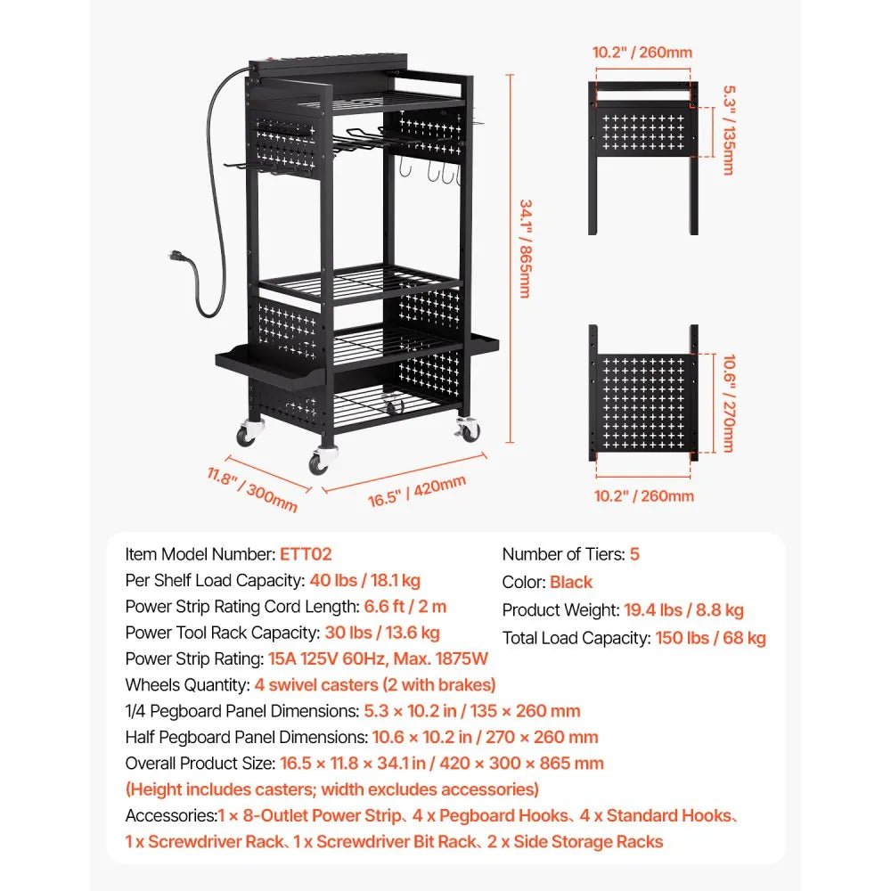 VEVOR 5-tier Tool Organizer Cart with Charging Station, 8 AC Outlet, Floor Stand Rolling Drill Holder and Tool Battery Storage Rack on Wheels, Garage Floor Rolling Storage Cart for Workshop, Garage