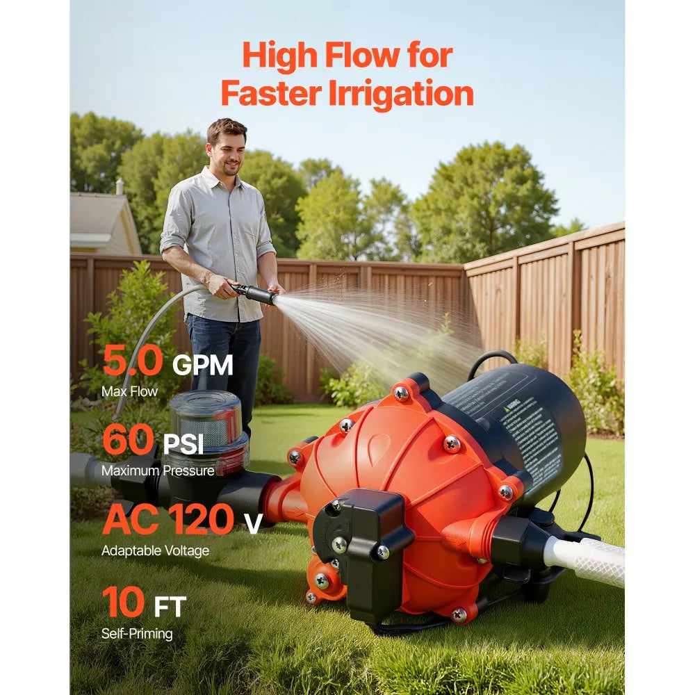 VEVOR Water Pressure Pump, 110V AC 5 GPM, 5-Chamber On Demand Electric Diaphragm Water Transfer Pump, 60 PSI Max Pressure, Automatic Pressure Switch, for Home Kitchen Garden Irrigation Car Washing