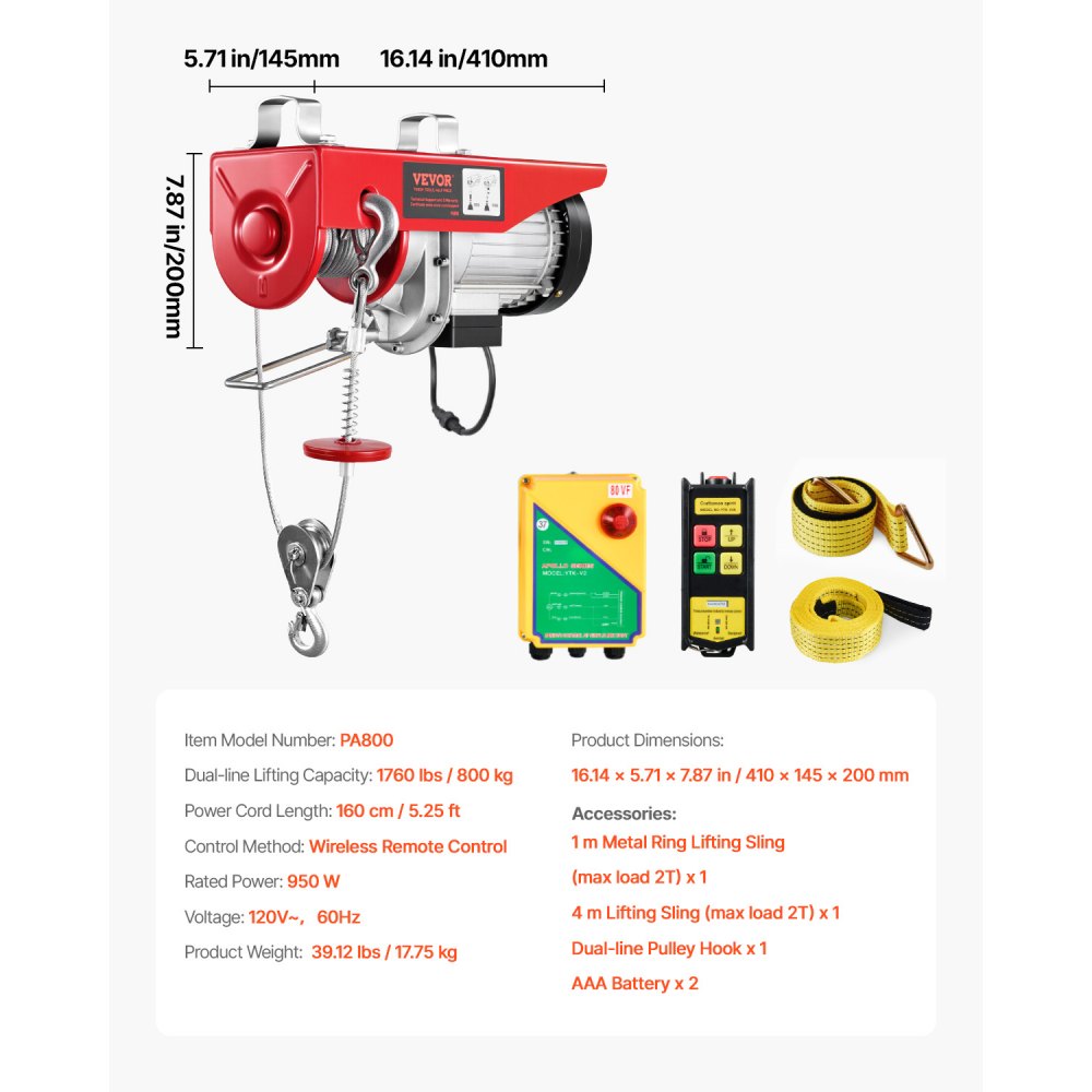 VEVOR Electric Hoist, 1760 lbs 120V Electric Winch with 328 ft Wireless Remote Control, 40 ft Single Cable Lifting Height, Single/Double Slings, Emergency Stop, Lift Hoist for Garage Warehouse Factory