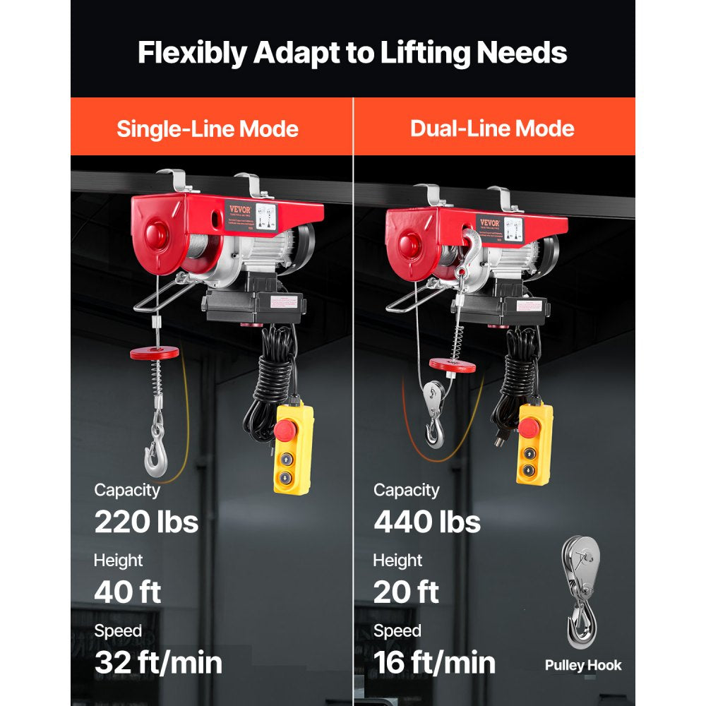 VEVOR Electric Hoist, 440 lbs 120V Electric Winch with 328 ft Wireless & 14 ft Wired Remote Control, 40 ft Single Cable Lifting Height, Single/Double Slings, Lift Hoist for Garage Warehouse Factory