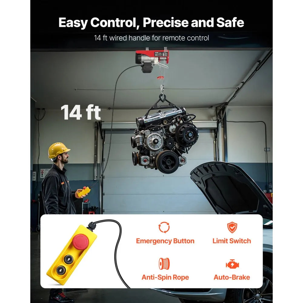 VEVOR Electric Hoist, 440lbs Garage Hoist with 14ft Wired Control, 110 volt Electric Hoist Winch 40ft Single Cable Lifting Height, Pure Copper Motor and Emergency Stop Switch