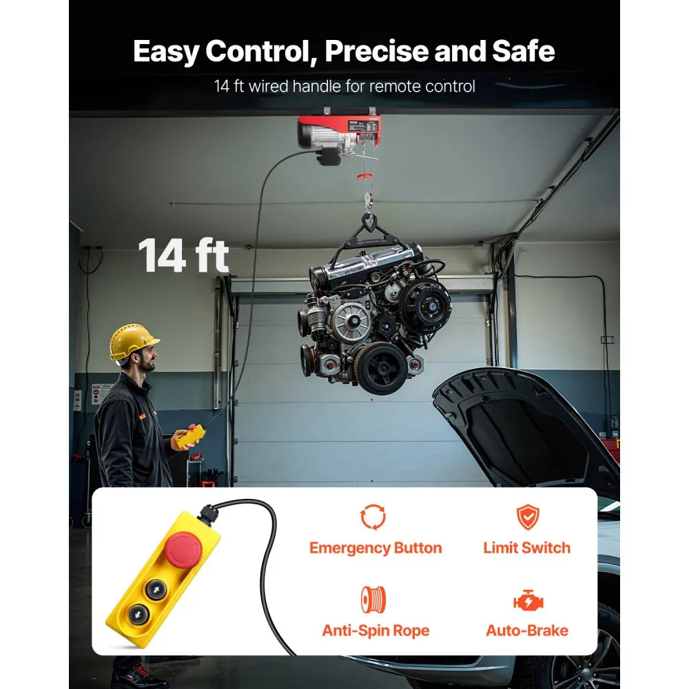 VEVOR Electric Hoist 1760lbs with 14ft Wired Remote Control, Electric Hoist 110 Volt with 40ft Single Cable Lifting Height & Pure Copper Motor, for Garage Warehouse Factory