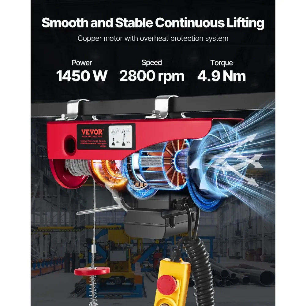 VEVOR Electric Hoist 1760lbs with 14ft Wired Remote Control, Electric Hoist 110 Volt with 40ft Single Cable Lifting Height & Pure Copper Motor, for Garage Warehouse Factory