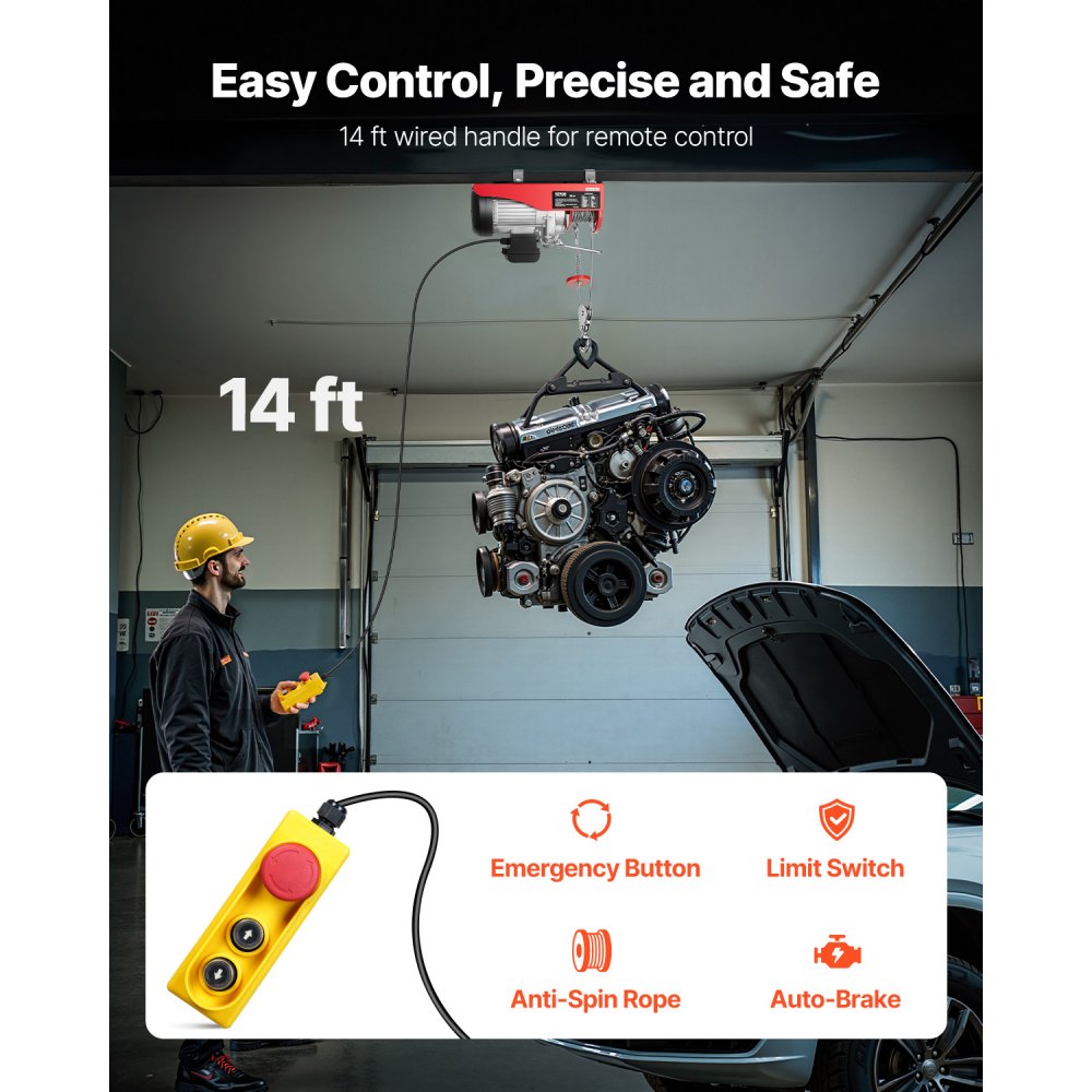 VEVOR 880lbs Electric Hoist with 14ft Wired Remote Control, 110V Electric Hoist Attic Lift 20-40 FT Lifting Height for Garage Attic Warehouse Factory