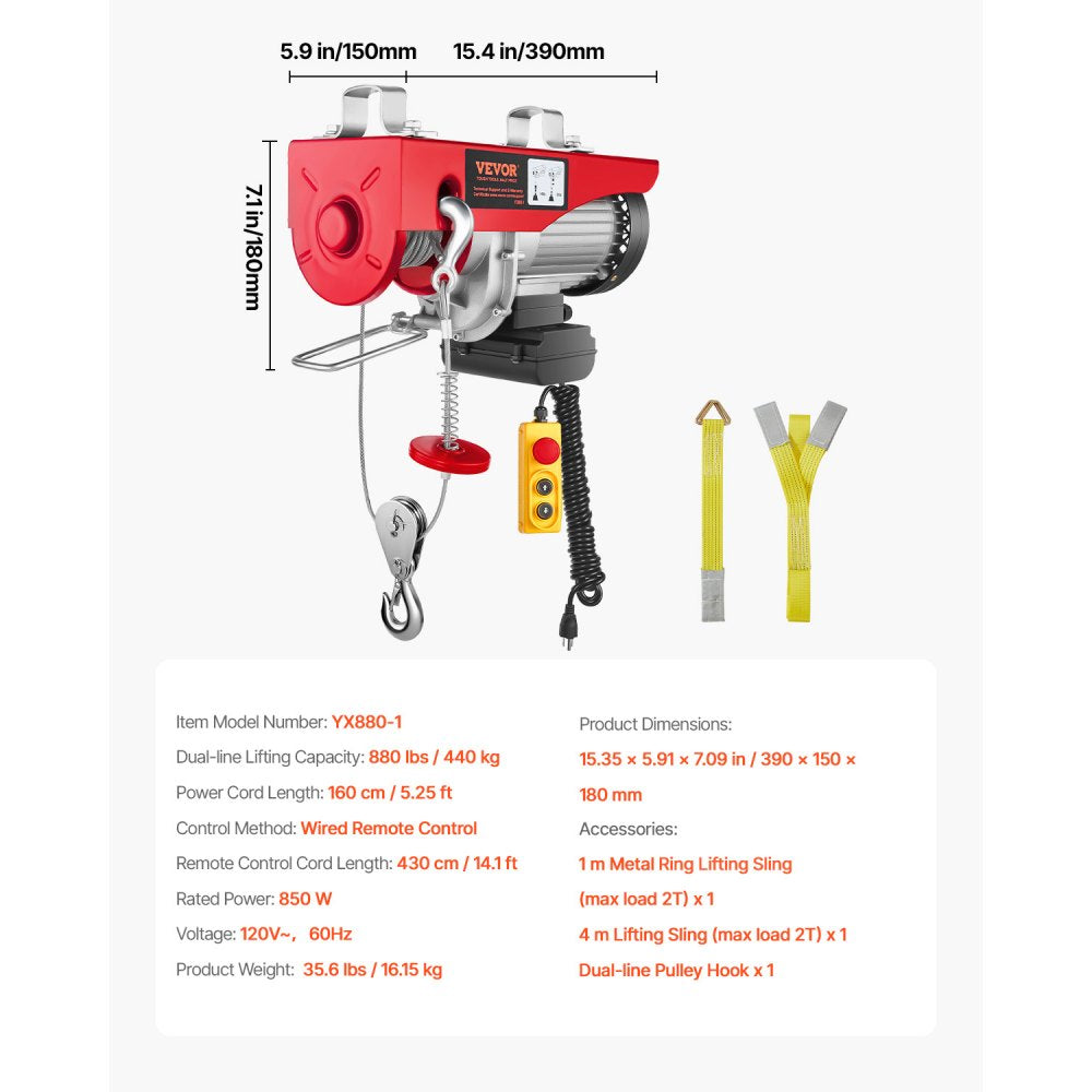 VEVOR 880lbs Electric Hoist with 14ft Wired Remote Control, 110V Electric Hoist Attic Lift 20-40 FT Lifting Height for Garage Attic Warehouse Factory