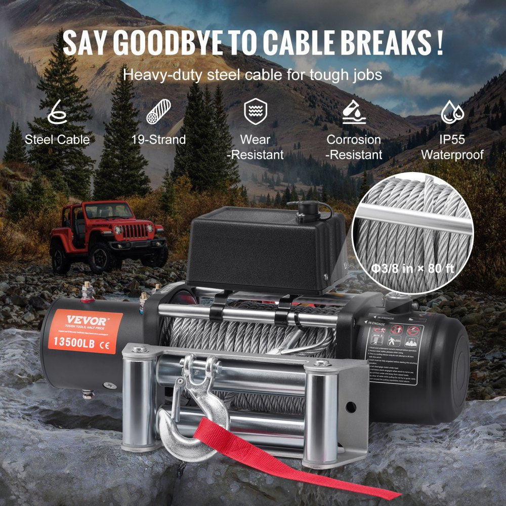 VEVOR Electric Winch, 13,500 lb, 12V DC Truck Winch with Φ3/8 in x 80 ft Steel Cable Roller Fairlead Wireless & Wired Remote Control, IP55 Waterproof for Towing Off-Road SUV Jeep Truck Trailer Boat