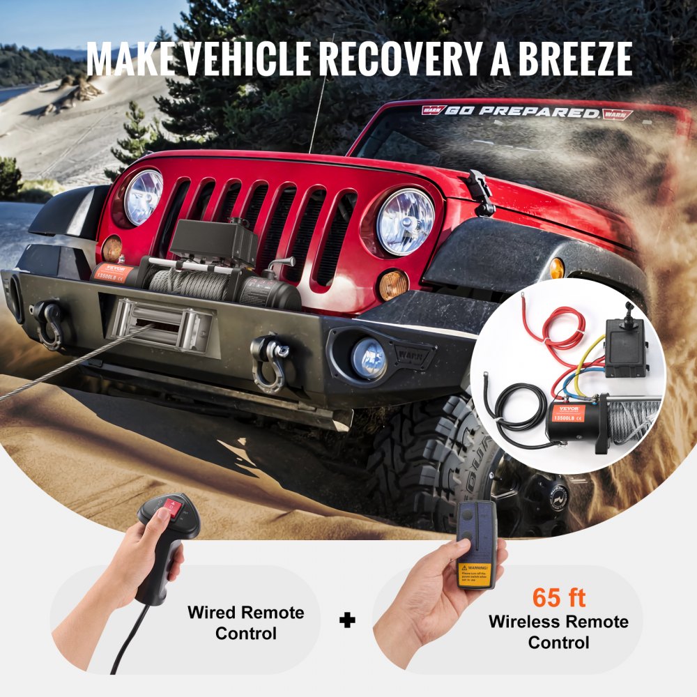 VEVOR Electric Winch, 13,500 lb, 12V DC Truck Winch with Φ3/8 in x 80 ft Steel Cable Roller Fairlead Wireless & Wired Remote Control, IP55 Waterproof for Towing Off-Road SUV Jeep Truck Trailer Boat