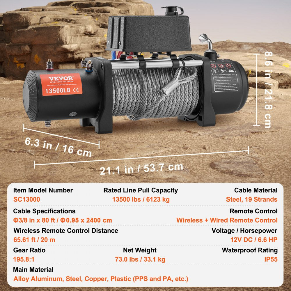 VEVOR Electric Winch, 13,500 lb, 12V DC Truck Winch with Φ3/8 in x 80 ft Steel Cable Roller Fairlead Wireless & Wired Remote Control, IP55 Waterproof for Towing Off-Road SUV Jeep Truck Trailer Boat