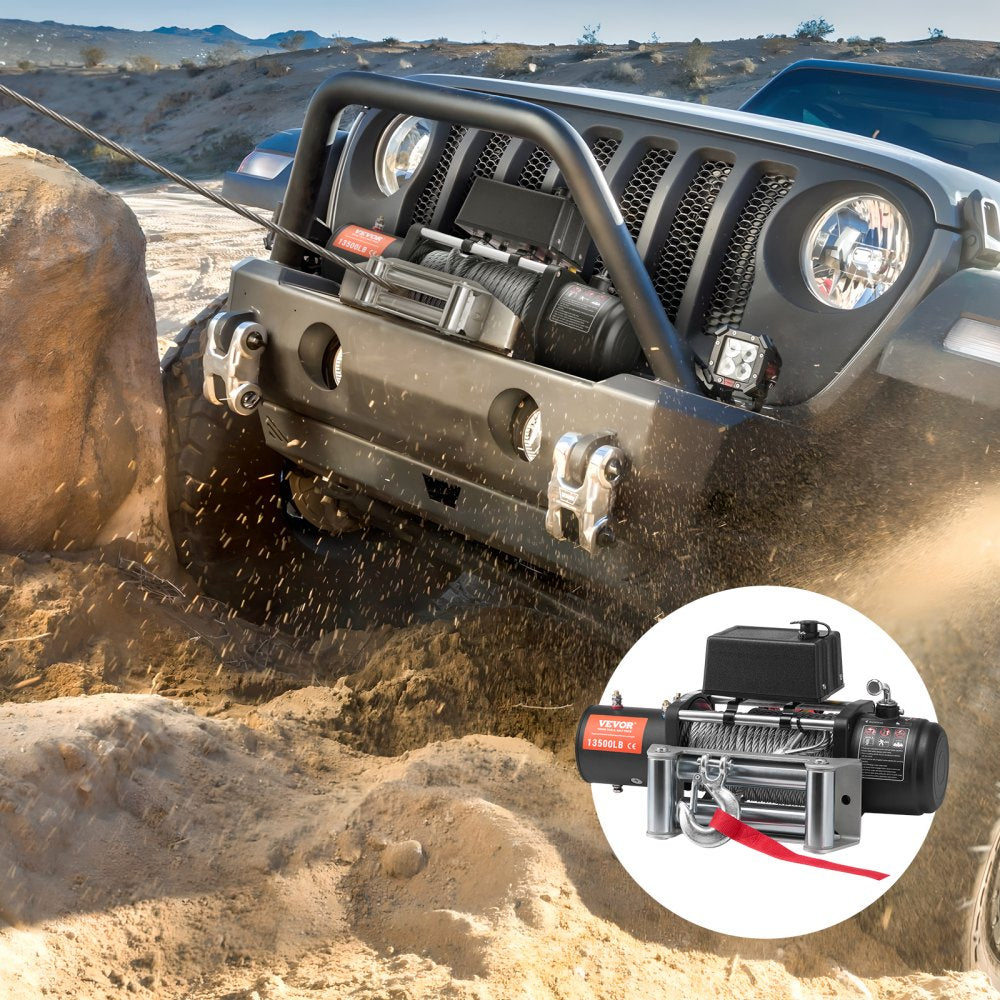 VEVOR Electric Winch, 13,500 lb, 12V DC Truck Winch with Φ3/8 in x 80 ft Steel Cable Roller Fairlead Wireless & Wired Remote Control, IP55 Waterproof for Towing Off-Road SUV Jeep Truck Trailer Boat
