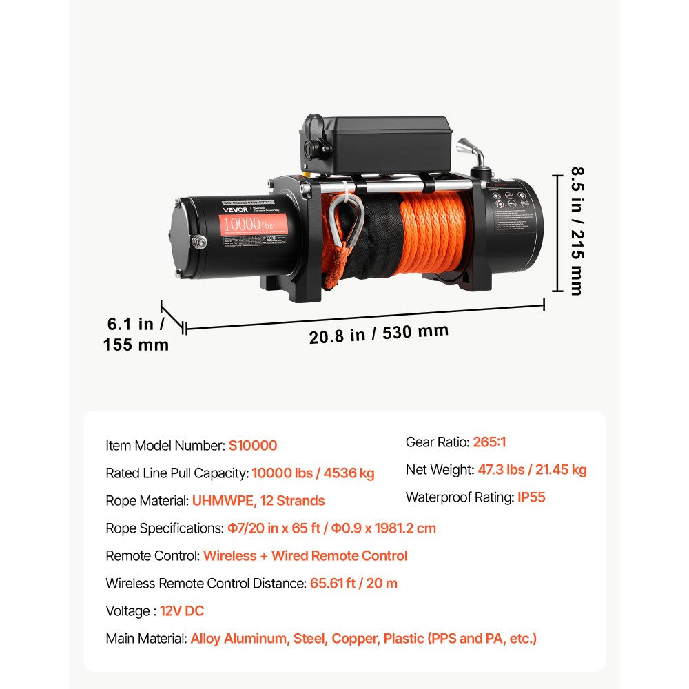 VEVOR Electric Winch, 10,000 lbs, 12V DC Truck Winch with Synthetic Rope, for Towing Off-Road SUVs, Trailers & Boats, 7/20 in x 65 ft Line, Aluminum Fairlead, Wireless & Wired Remote Control, IP55