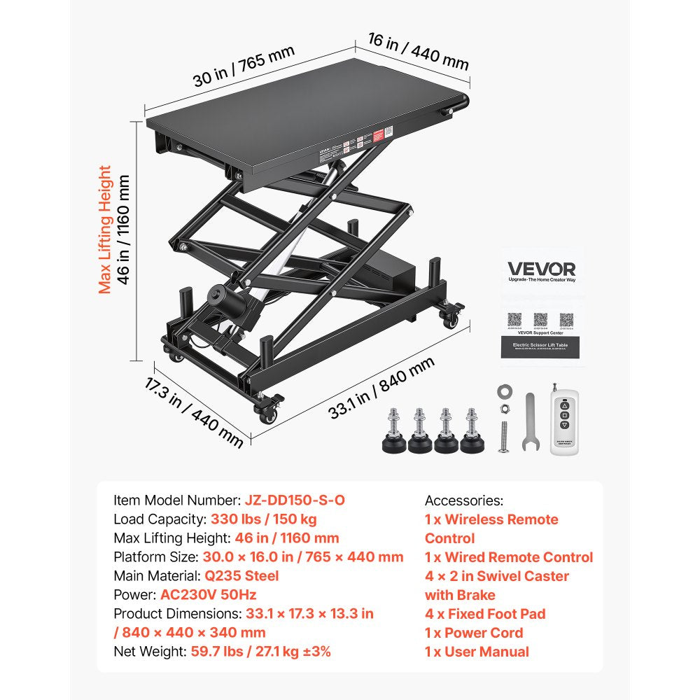 VEVOR Electric Lift Table, 330 lbs Capacity Double Scissor Lifting Table, Great for Material Handling, Moving, Transportation, 43 in Max. Height Adjustable Lift Platform, 4 Swivel Casters with Brakes