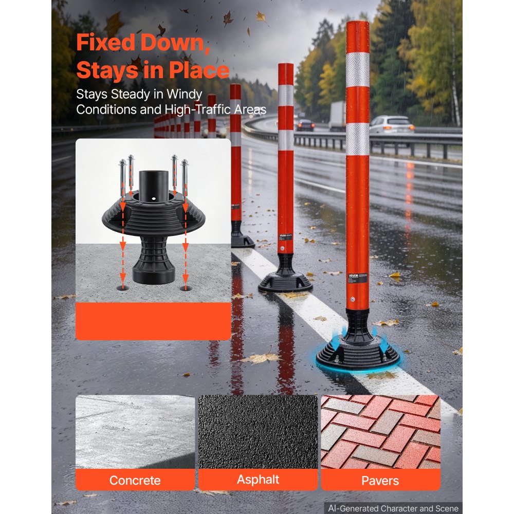 VEVOR Traffic Cones Delineator Posts, 48 Inch 8-Pack Orange Safety Post Cones with 4-Point Fixed Base & Reflective Strips for Parking Lots, Traffic Control, Road Safety, Construction Zones