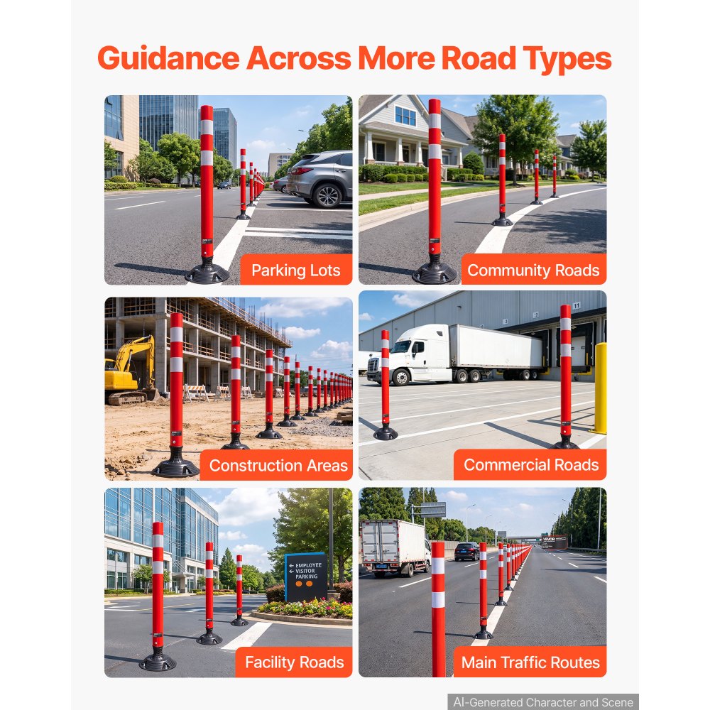 VEVOR Traffic Cones Delineator Posts, 48 Inch 8-Pack Orange Safety Post Cones with 4-Point Fixed Base & Reflective Strips for Parking Lots, Traffic Control, Road Safety, Construction Zones