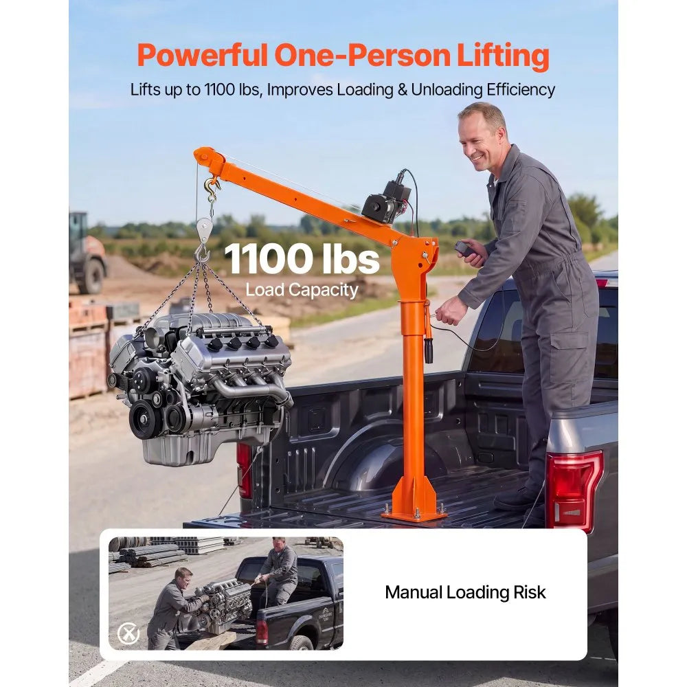 VEVOR Electric Truck Crane, 1100 lbs Pickup Truck Crane with 12V 3000 lbs Electric Winch, 360° Rotating Telescopic Boom, Premium Galvanized Steel, Foldable Pickup Bed Jib for Machine Lumber Lifting