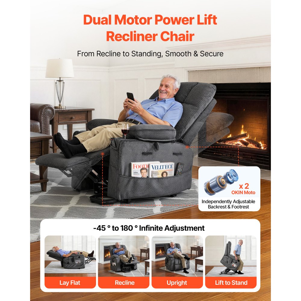 VEVOR Power Lift Recliner Chair, Dual Motor, Large Electric Lift Chair with Heat and Massage for Elderly, Infinite Position Adjustment, Velvet Fabric, with Storage Pockets, Cup Holders, Dark Gray