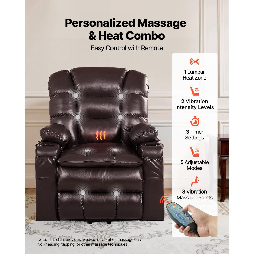 VEVOR Power Lift Recliner Chair, Triple-Motor, Large Electric Lift Chair with Heat and Massage for Elderly, Infinite Position Adjustment, Leather Surface, with Storage Pockets and Cup Holders, Brown