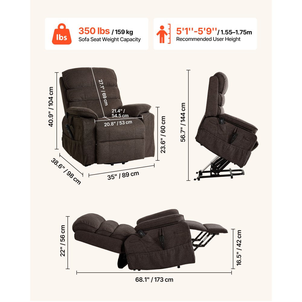 VEVOR Power Lift Recliner Chair, Dual Motor Medium Lift Chair with Heat and Massage for Elderly, Position Adjustable, Remote Control, with Side Pockets, Chenille Fabric, Brown