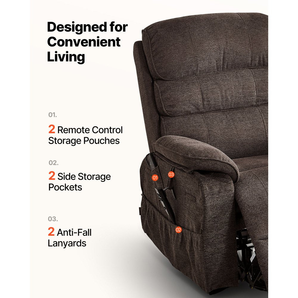 VEVOR Power Lift Recliner Chair, Dual Motor Medium Lift Chair with Heat and Massage for Elderly, Position Adjustable, Remote Control, with Side Pockets, Chenille Fabric, Brown