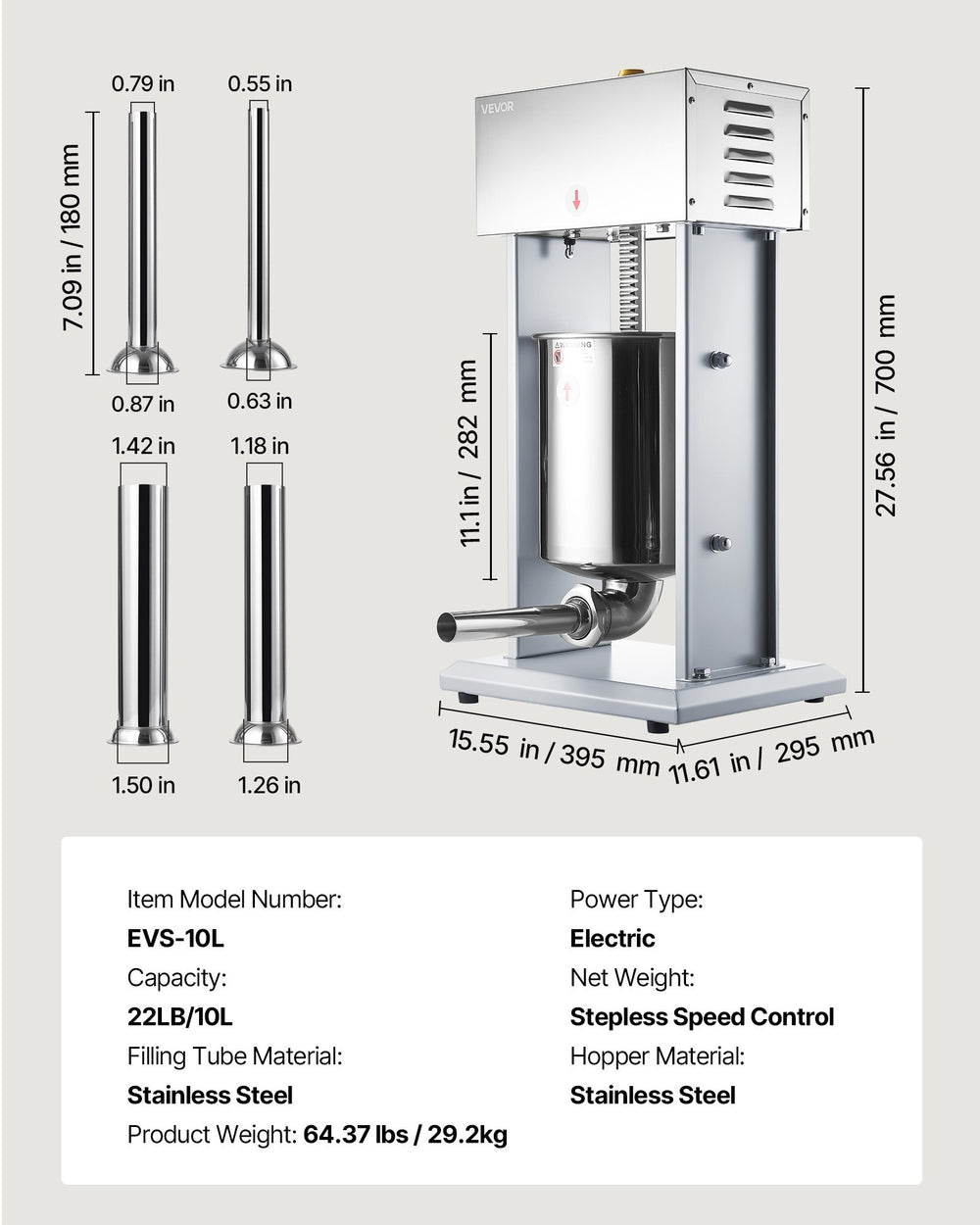 VEVOR Electric Sausage Stuffer, 22 LBS / 10 L Vertical Meat Filler with Stepless Speed Adjustment, Stainless Steel Sausage Stuffing Machine, Foot Pedal & 4 Filling Tubes, for Commercial and Home Use