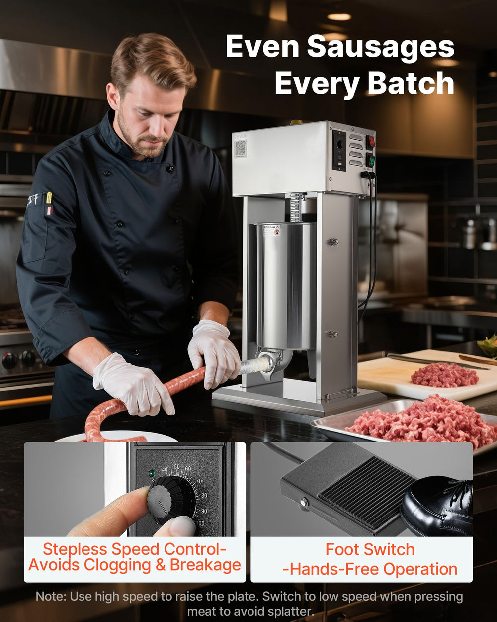VEVOR Electric Sausage Stuffer in use with stepless speed control and foot switch for hands-free operation