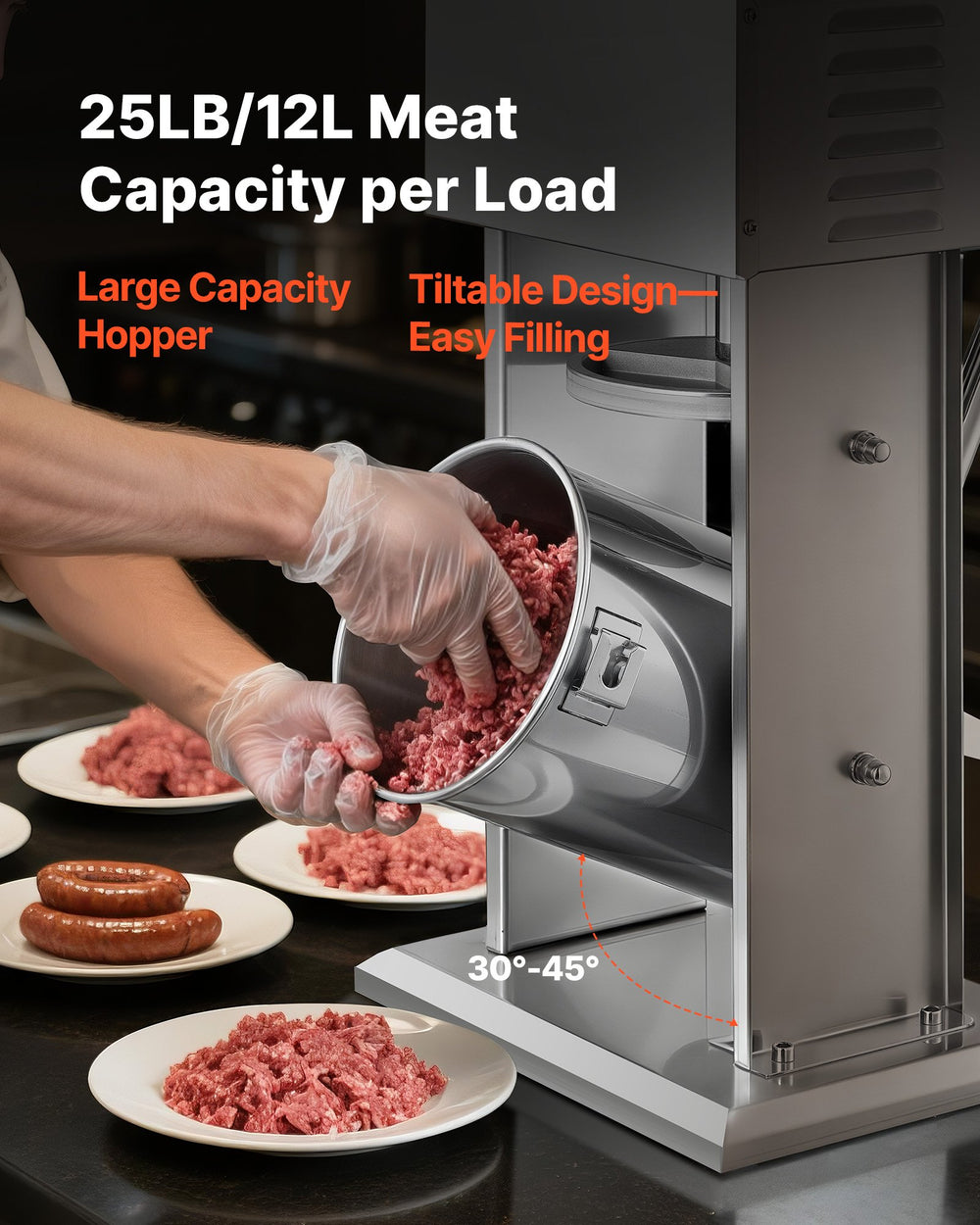 25 lb / 12 L tiltable hopper design for easy filling (30°–45° tilt)