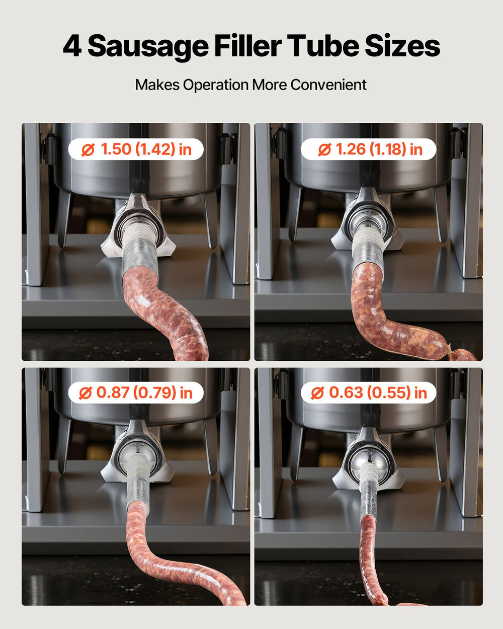 Four stuffing tube sizes for different sausage diameters