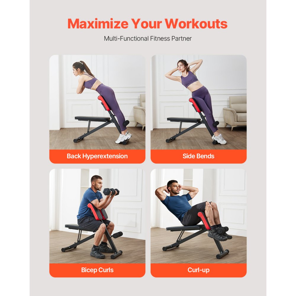 VEVOR Multi-Functional Weight Bench for Full Body Workout, Roman Chair Hyperextension Bench, 330 lbs Adjustable & Foldable Equipment for Back Arm Core Ab Workout, Sit Up Exercise Machine for Home Gym