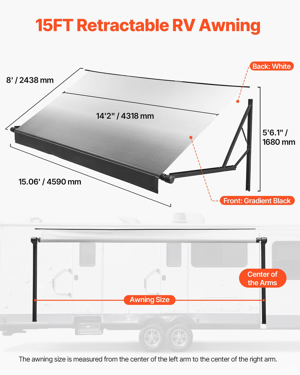 VEVOR Motorized RV Awning Complete Kit, 15.06FT Electric Retractable RV Awning with Aluminum Alloy Frame & Waterproof Fabric, Outdoor Camping Trailer Awnings Fit Most RVs (15FT Type, Gradient Black)