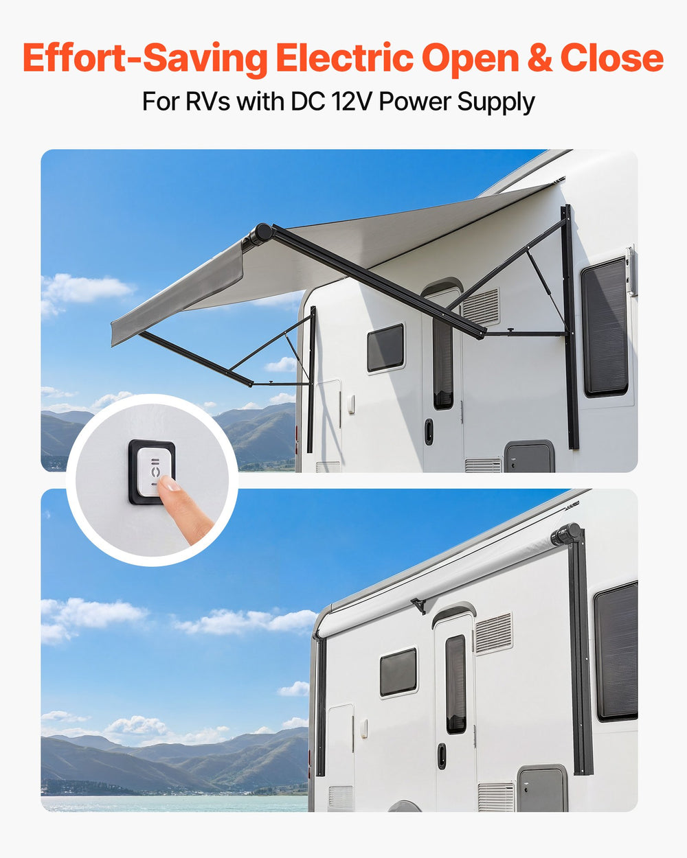 VEVOR Motorized RV Awning Complete Kit, 15.06FT Electric Retractable RV Awning with Aluminum Alloy Frame & Waterproof Fabric, Outdoor Camping Trailer Awnings Fit Most RVs (15FT Type, Gradient Black)