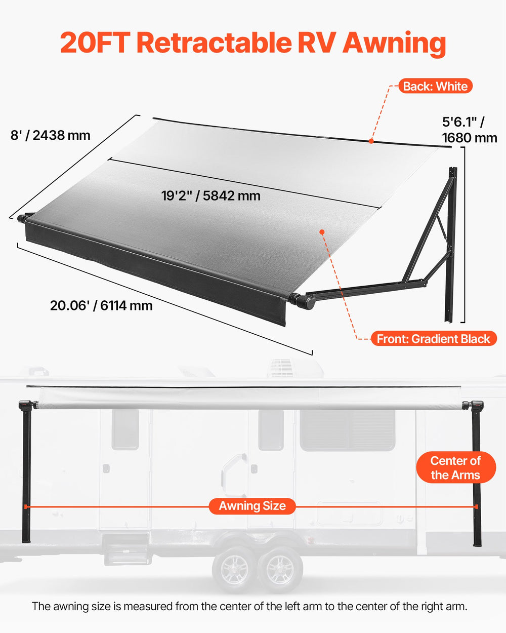 VEVOR Motorized RV Awning Complete Kit, 20.06FT Electric Retractable RV Awning with Aluminum Alloy Frame & Waterproof Fabric, Outdoor Camping Trailer Awnings Fit Most RVs (20FT Type, Gradient Black)
