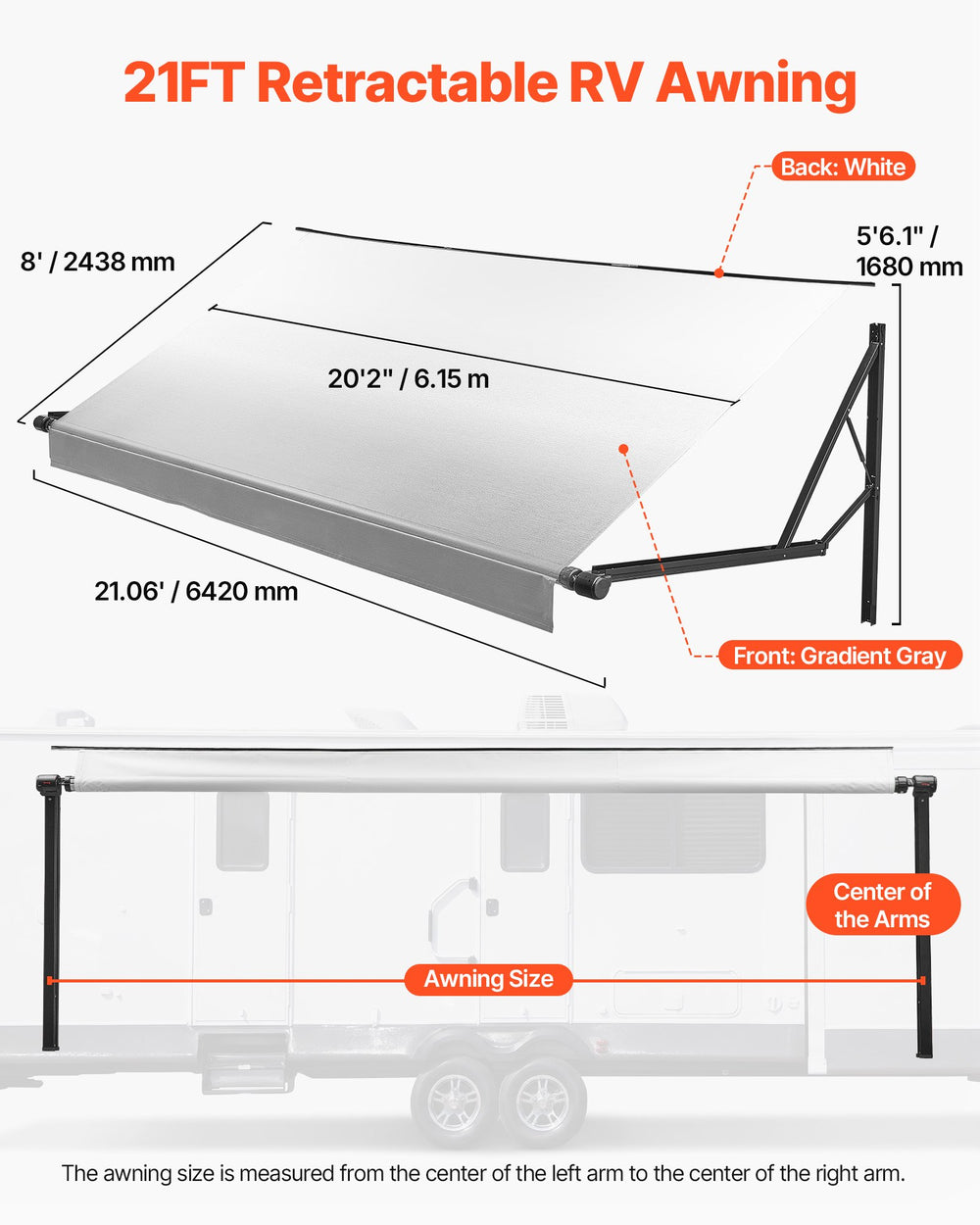 VEVOR Motorized RV Awning Complete Kit, 21.06FT Electric Retractable RV Awning with Aluminum Alloy Frame & Waterproof Fabric, Outdoor Camping Trailer Awnings Fit Most RVs (21FT Type, Gradient Gray)