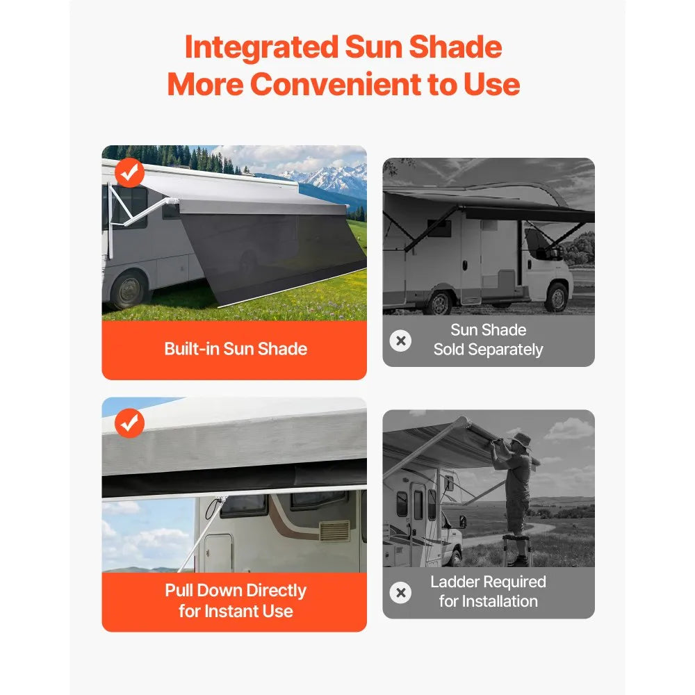 VEVOR Motorized RV Awning Complete Kit & Sunshade Screen, 18.06FT Electric Retractable RV Awning with Aluminum Alloy Frame & Waterproof Fabric, Outdoor Camping Trailer Awnings Fit Most RVs (18FT Type)