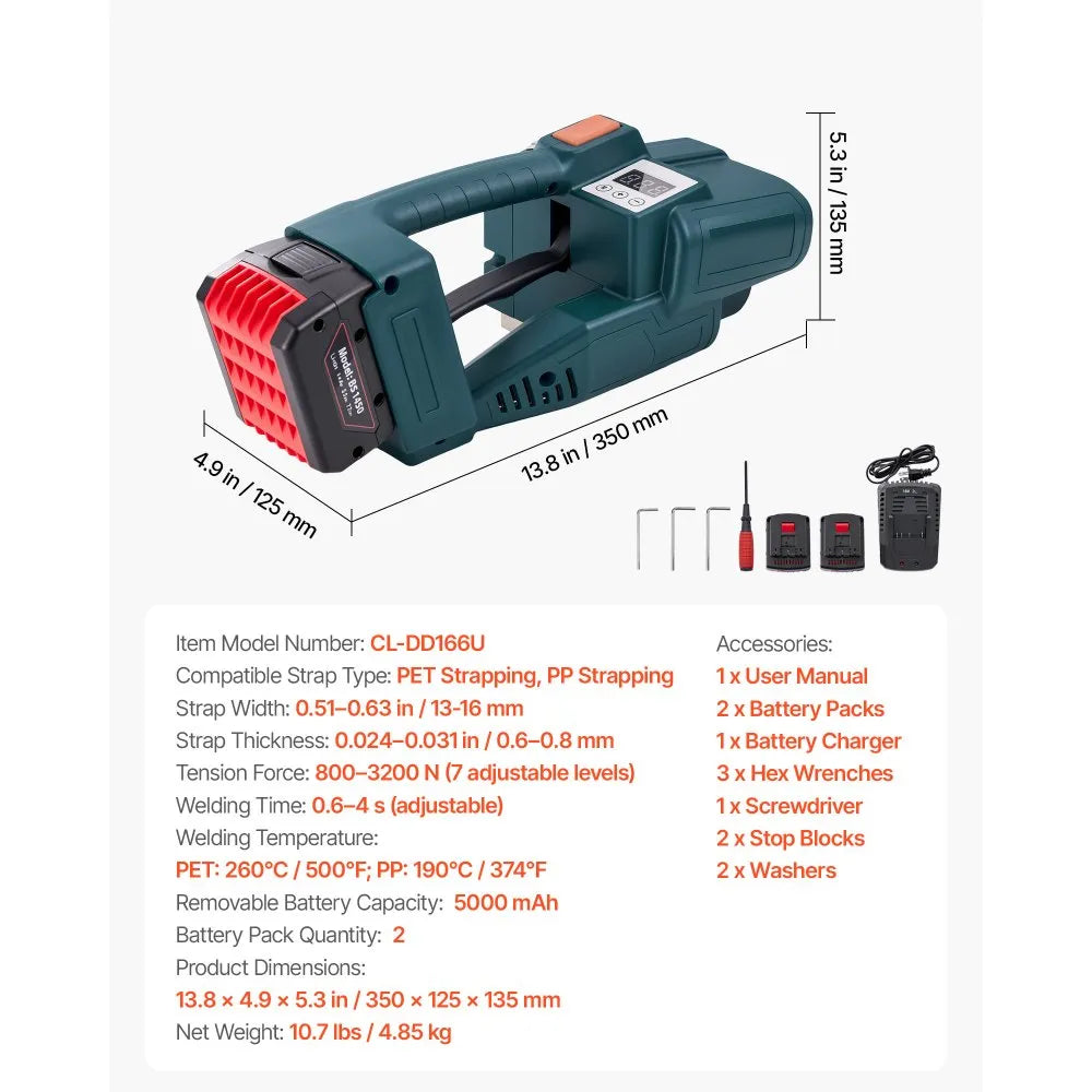 VEVOR Electric Strapping Machine 0.51-0.63 in PP/PET Straps Digital Display, for Packaging Boxes & Pallets, Portable Automatic Banding Tool with 2 x 5000mAh Batteries, Battery-Powered Strapping Tool