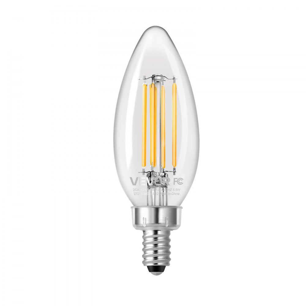 VEVOR LED Candelabra Bulbs, 12-Pack Dimmable Chandelier Light Bulbs, Vintage Clear Glass Candle Light Bulb with 2725K Warm Lighting, 90+ High CRI & E12 Base for Chandeliers, Wall Sconces & Table Lamps