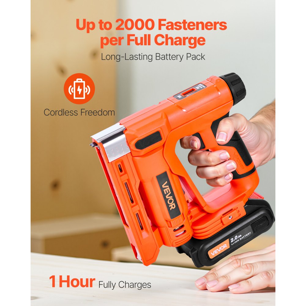 VEVOR Cordless Brad Nailer, 2-in-1 Nail Gun Staple Gun, 18 Gauge 5/8 inch, Includes 1000 Pcs Staples and 1000 Pcs Nails, with Battery and Charger, Non-Slip Rubber Grip, for Woodworking DIY Projects