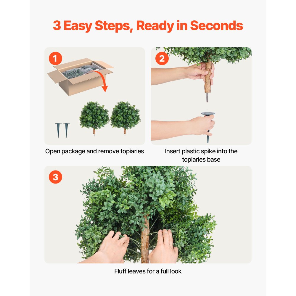 VEVOR Artificial Topiary Boxwood Trees with Ground Spike, 22 inch 2 Set Faux Shrubs & Bushes Potted Plants, Fake Silk Tree Look Real for Decor Front Porch Outdoor Indoor Patio Garden Balcony Backyard