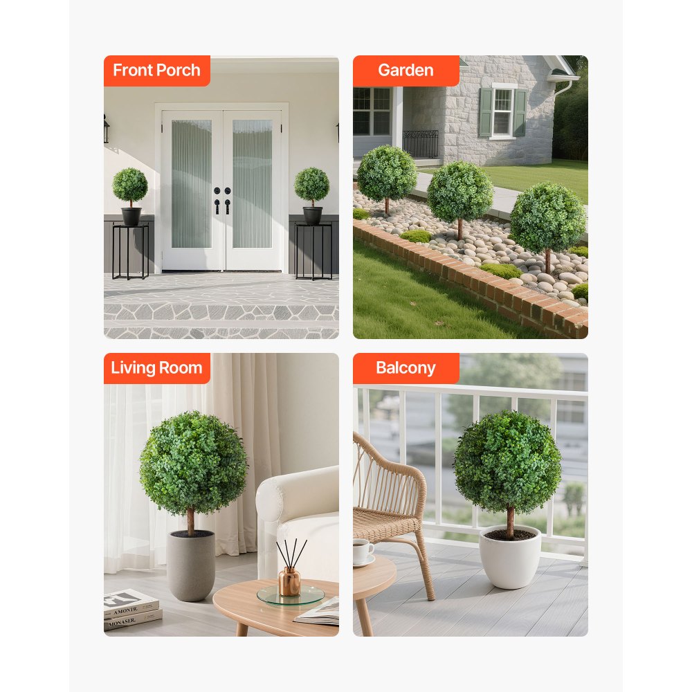 VEVOR Artificial Topiary Boxwood Trees with Ground Spike, 27 inch 2 Set Faux Shrubs & Bushes Potted Plants, Fake Silk Tree Look Real for Decor Front Porch Outdoor Indoor Patio Garden Balcony Backyard