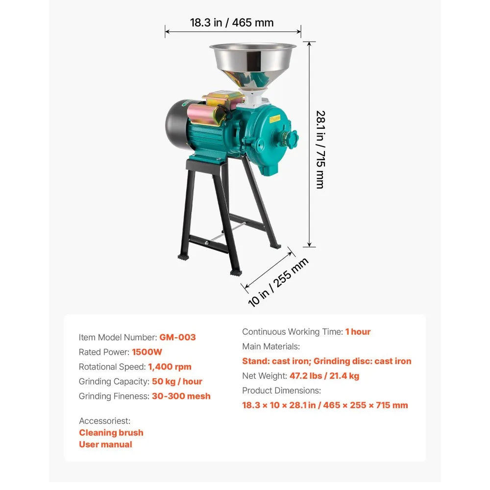 VEVOR Electric Grain Mill Grinder, 110 lbs/H Commercial Spice Grinders, 1500W Cast Iron Pulverizer Powder Machine with Non-Slip Rubber Feet, for Dry Grains, Spices, Cereals, Coffee, Corn & Pepper