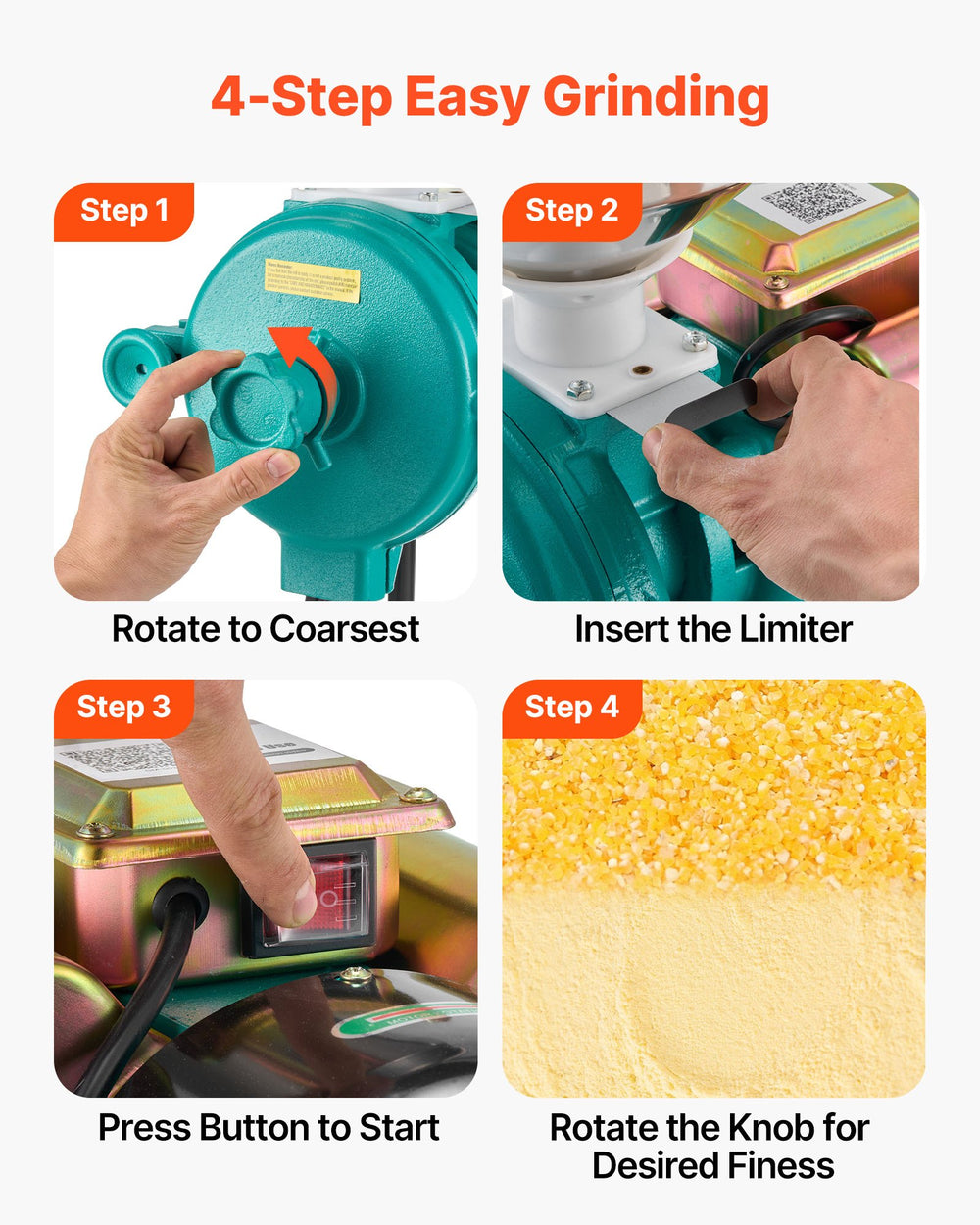 VEVOR Electric Grain Mill Grinder, 110 lbs/H Commercial Spice Grinders, 1500W Cast Iron Pulverizer Powder Machine with Non-Slip Rubber Feet, for Dry Grains, Spices, Cereals, Coffee, Corn & Pepper
