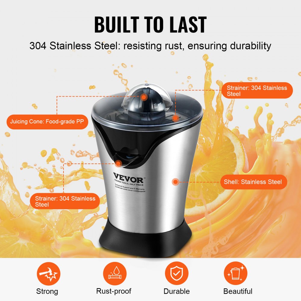 VEVOR Electric Citrus Juicer, Orange Juice Squeezer With One Juicing Cone, 100W Stainless Steel Filter Orange Juice Maker, Easy To Clean For Oranges, Grapefruits, Lemons And Other Citrus Fruits