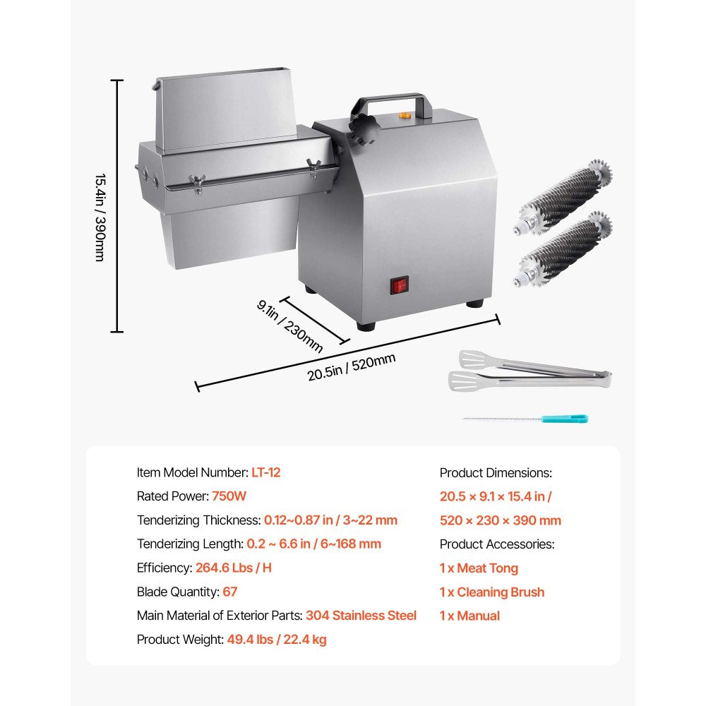 VEVOR Commercial Meat Tenderizer, 750W Electric Beef Machine 265 Lbs/H, for Turkey Chicken Pork, Heavy Duty Stainless Steel Kitchen Tool with 67 Blades, Food Tong, Cleaning Brush, Wide Feed Chute