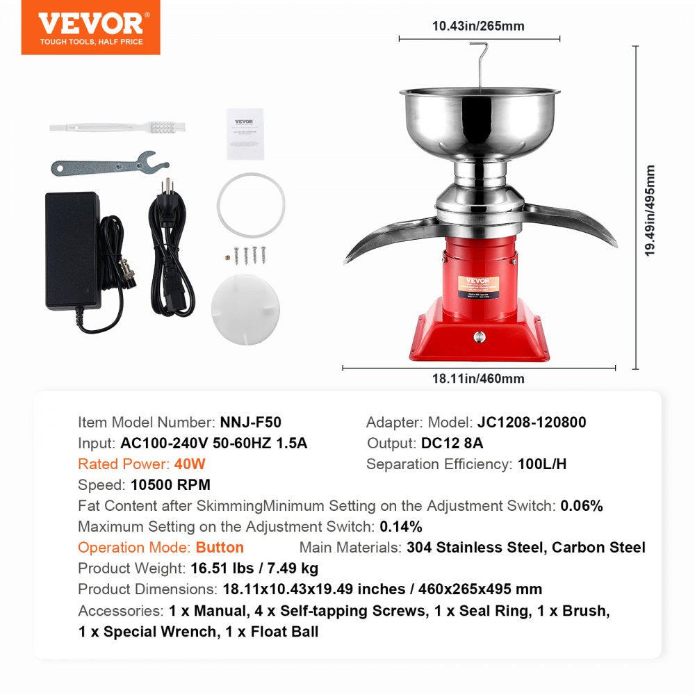 VEVOR Milk Cream Centrifugal Separator, 304 Stainless Steel Electric Cream Separators, 100L/H Output 10500RPM Goat Milk Separator, 30W Cow Cream Separator, Milk Skimmer with 5L Bowl Capacity, 100-240V