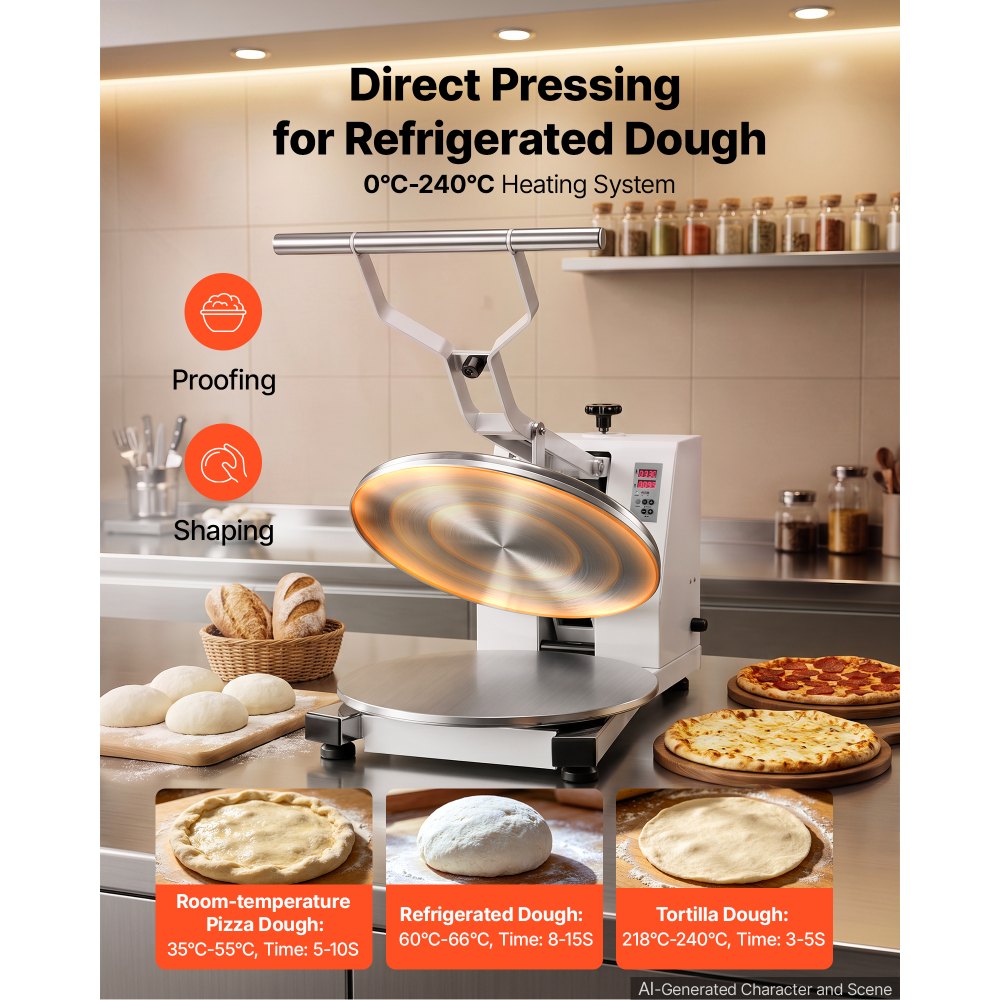 VEVOR Commercial Pizza Dough Press Machine 18 in Electric Dough Sheeter, Ideal for Bakery Home Restaurant Use, 1200W Cast Aluminum Pastry Press Plate, Adjustable Thickness Bread Forming Presser