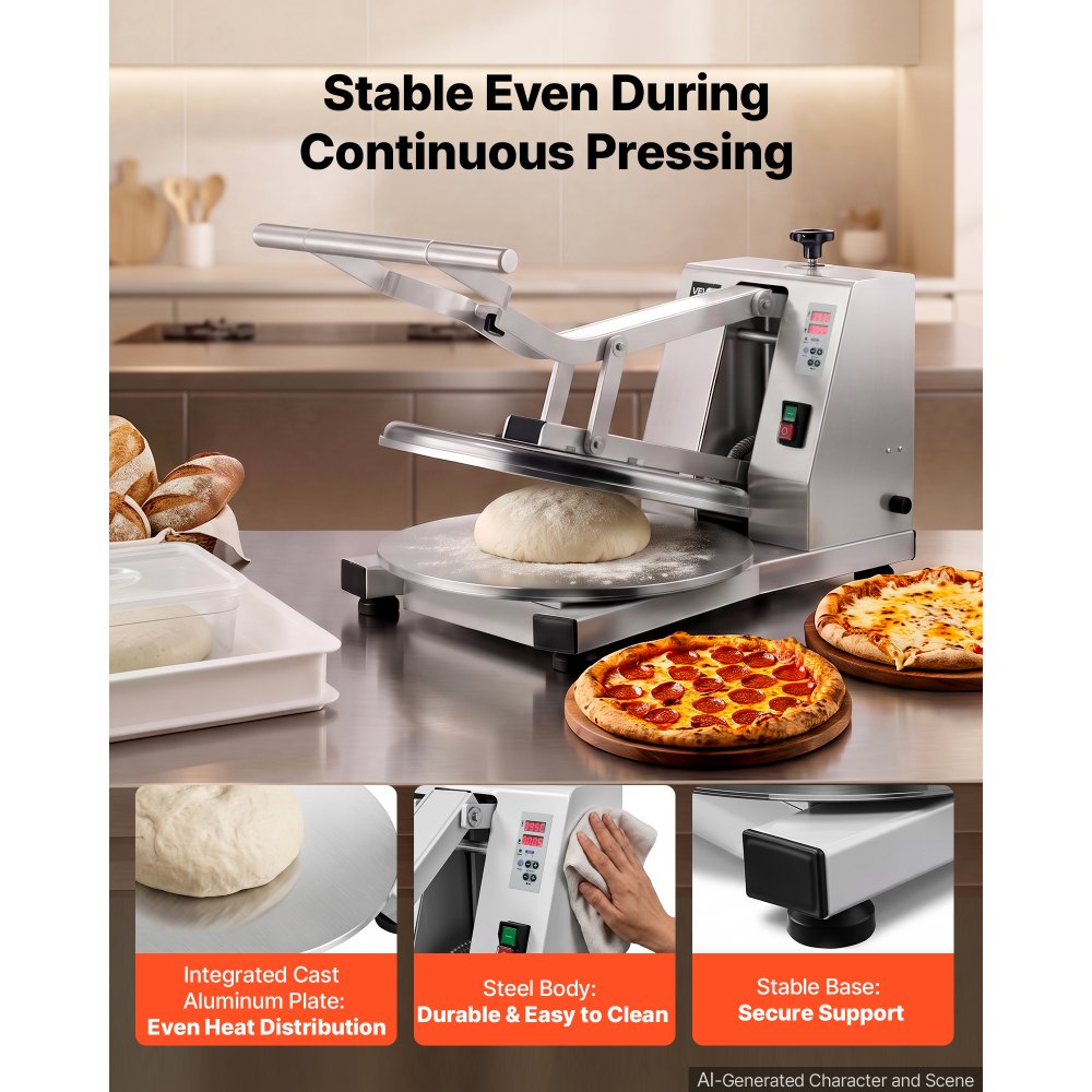 VEVOR Commercial Pizza Dough Press Machine 18 in Electric Dough Sheeter, Ideal for Bakery Home Restaurant Use, 1200W Cast Aluminum Pastry Press Plate, Adjustable Thickness Bread Forming Presser
