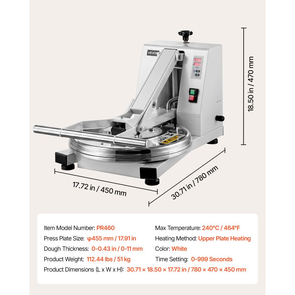 VEVOR Commercial Pizza Dough Press Machine 18 in Electric Dough Sheeter, Ideal for Bakery Home Restaurant Use, 1200W Cast Aluminum Pastry Press Plate, Adjustable Thickness Bread Forming Presser