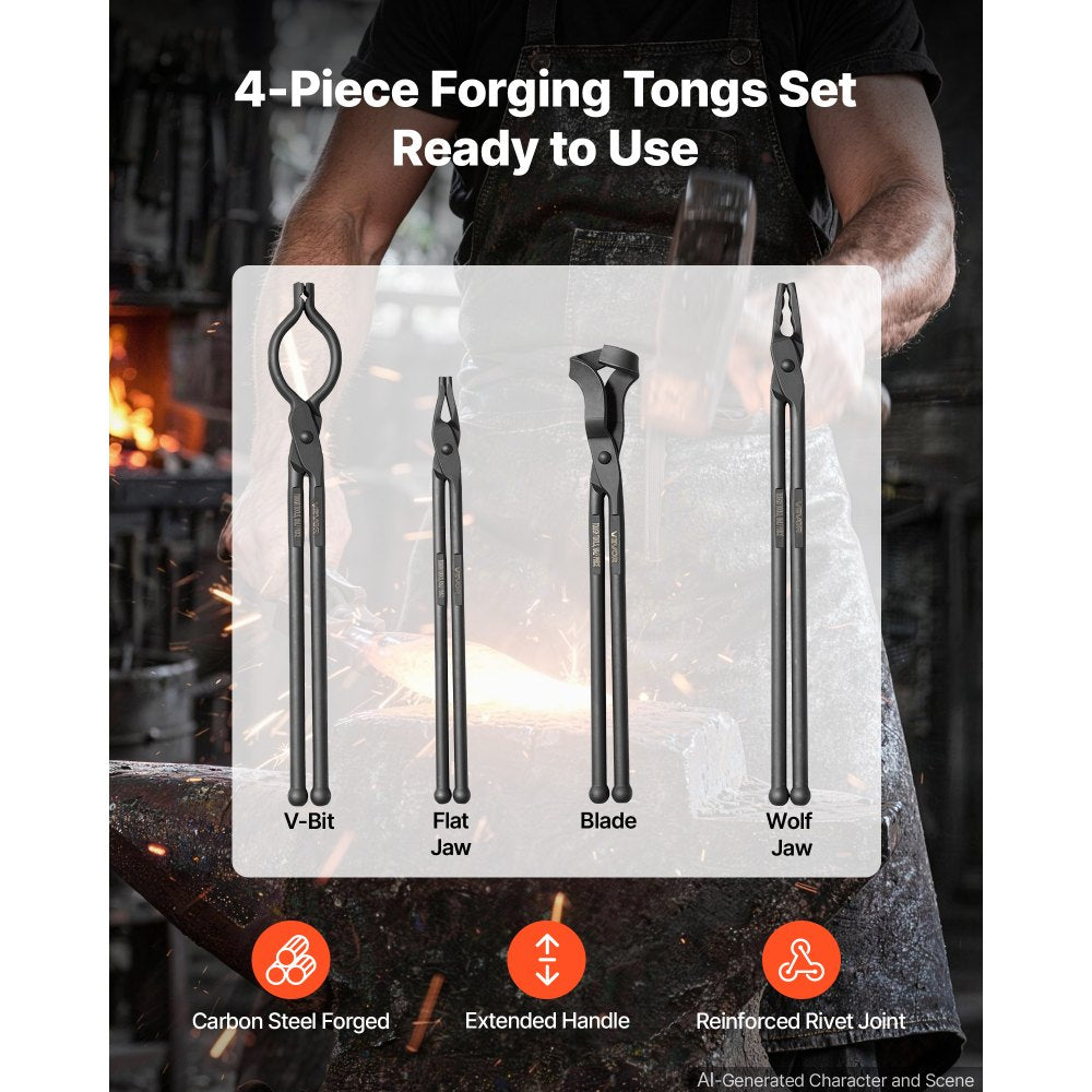 VEVOR Blacksmith Tongs 4-Piece V-Bit/Flat/Blade/Wolf Jaw Tongs Set Black, for Bladesmithing & Blacksmithing, Firm Grip, Extended Handles, Premium Carbon Steel, Forge Tongs Bundle Set with Rivets
