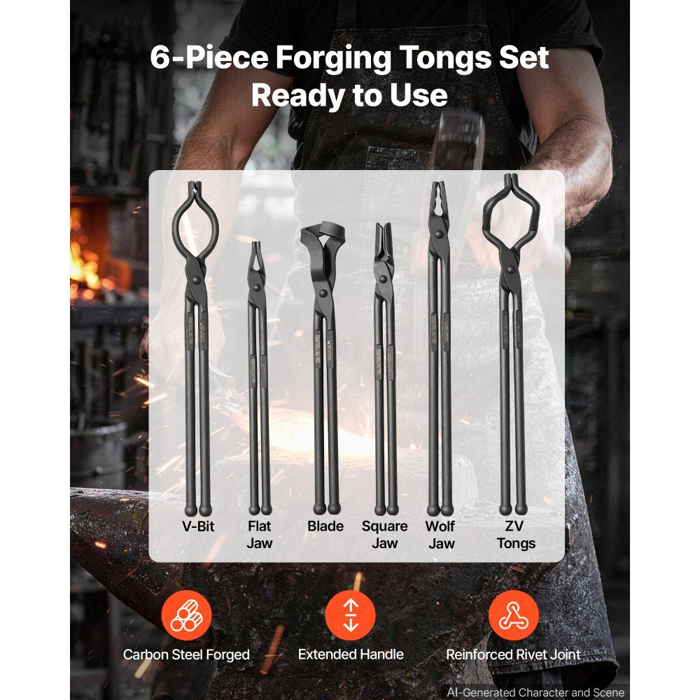 VEVOR Blacksmith Tongs 6-Piece V-Bit/Flat/Blade/Square/Wolf Jaw/ZV Tongs, for Bladesmithing & Blacksmithing, Firm Grip, Extended Handles, Premium Carbon Steel, Forge Tongs Bundle Set with Rivets