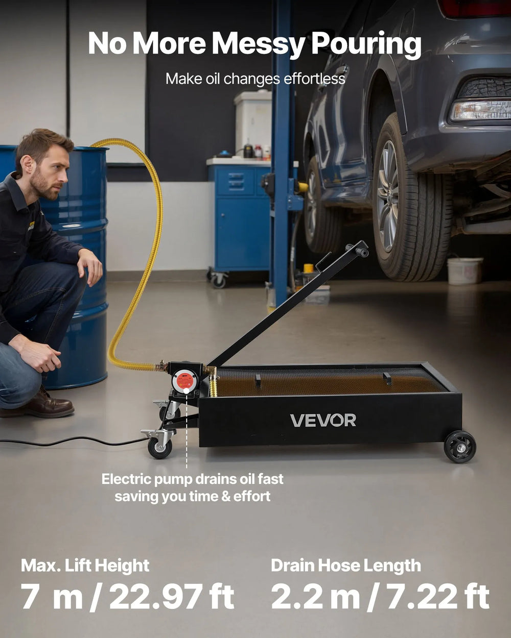 VEVOR Low Profile Oil Drain Pan, 15 Gallon Capacity, Rolling Oil Drain Pan with Electric Pump & 7.2 ft Hose, Leak-proof & Corrosion-resistant, Fit for Cars, SUVs, Trucks, Motorcycles, ATVs, Metal