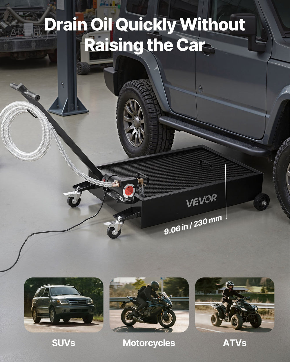 VEVOR Low Profile Oil Drain Pan, 15 Gallon Capacity, Rolling Oil Drain Pan with Electric Pump & 7.2 ft Hose, Leak-proof & Corrosion-resistant, Fit for Cars, SUVs, Trucks, Motorcycles, ATVs, Metal